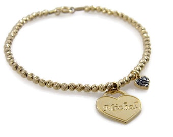 Name bracelet. Heart gold bracelet. Gold heart bracelet. Beaded name bracelet. Personalized bracelet. Gold plated brass bracelet.