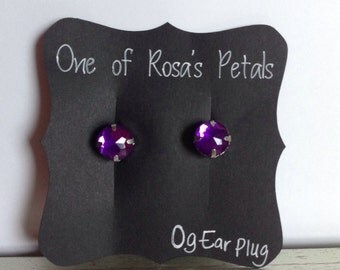 Ear Plugs - Ear Plug with Purple Rhinestone - Stainless Steel Plugs - Size 0g (8mm) Ear Gauge - Girly Goth - Purple Ear Plugs - Ear Gauges