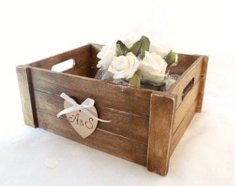 Rustic Wooden Crate Box, Wedding Box with engraved Heart, Rustic Box for Favors Programs Cards Advice , Rustic Home Organization.