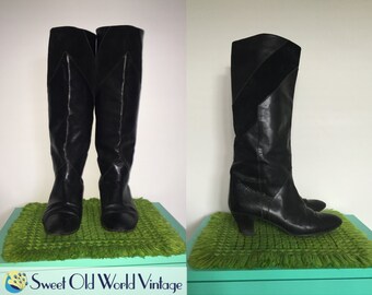 Vintage 80s Black Leather Boots. Sz 38/8. Black Suede Leather Snakeskin Boots. Womens Boots. 80s Black Mid Heel Boots. Black 80s Suede Boots