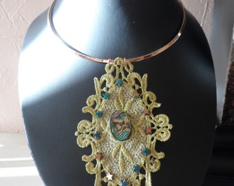 Gold Lace with Abalone and Hematite Stars Necklace