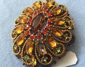Vintage Dome Brooch Pin - Red Yellow and Green Rhinestones - Signed Capri
