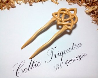 Wood Hair Fork "Celtic Triquetra With Heart Knot", Double sided Handmade Hair Stick, Hand carved, Gift for her, - MADE TO ORDER