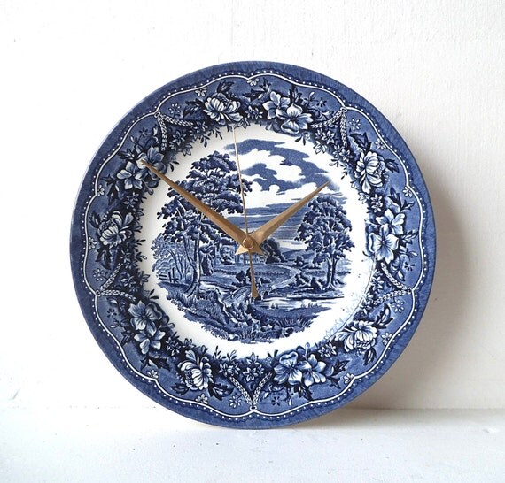 Dinner Plate Clock Recycled Ceramic 9'' Plate Blue