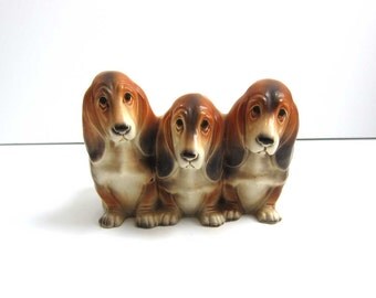 Vintage Napcoware Japan Three Basset Hounds Puppy Dog Planter - Sad Eyed Hound Dog Plant Pot