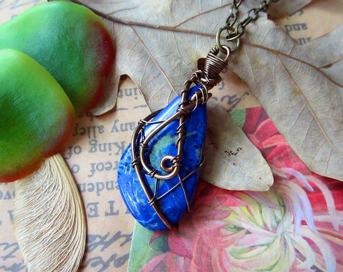 Boho necklace "Celestial Child" with large smooth wire wrapped Lapis Lazuli. Custom chain length.