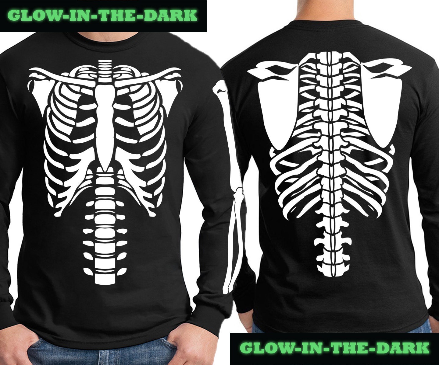 Skeleton Halloween Costume Long Sleeve Shirt Glow In The Dark 