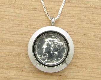 For 90th: 1927 US Dime Locket Necklace 90th Birthday Gift Coin Jewelry