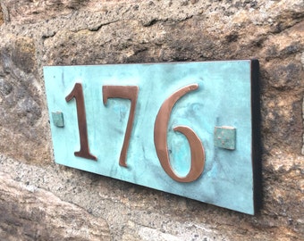 House number in real copper with plywood back, 3 x nos 3"/75mm, 4"/100mm, ships worldwide, maintenance free g