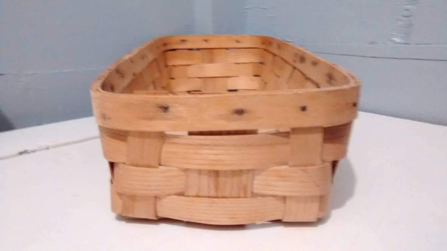 Vintage Woven Wood Basket Long Rectangular Farmhouse