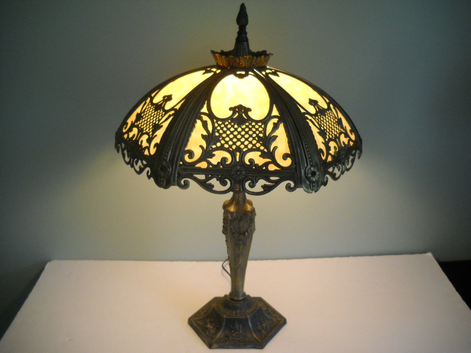 RESERVED FOR JANCKIE Slag Lamp 6 Panel Stained Glass Lamp