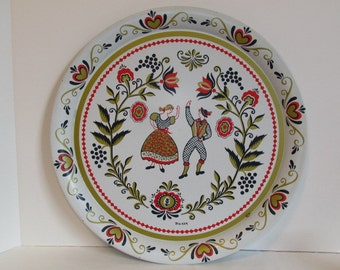 Large Round Vintage Maxey Folk Art Tin Tray Red And Gold Metal Serving Platter