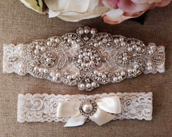 Wedding Garter - Bridal Garter - Pearl and Crystal Rhinestone Garter