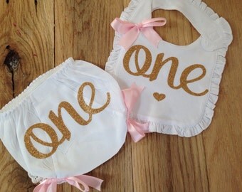 First Birthday Diaper Cover and Bib set/ Birthday Bib/ First Birthday Bib/ Birthday Bloomers/ Cake Smash Set