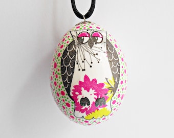 FREE SHIPPING, Handmade egg, Chicken egg shell, Easter home decorations, Easter decor, Owl, Pysanka, Pysanky, Pink, Green, Black, White