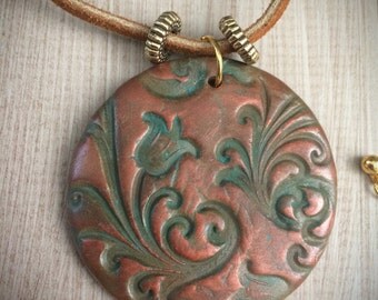 Polymer Clay Jewelry, Hand stamped Polymer Clay Pendant, Polymer Clay Necklace, OOAK, Patina & Copper Pendant, Handmade Gift, Pendant