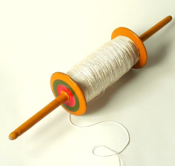 Wood Kite String Winder Bright Yellow Stripey Spool Old Silky
