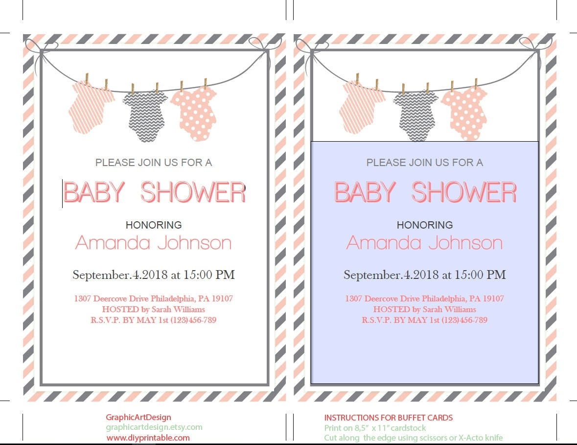 Onesie Baby Shower Invitation Template Pink & Grey Onesie
