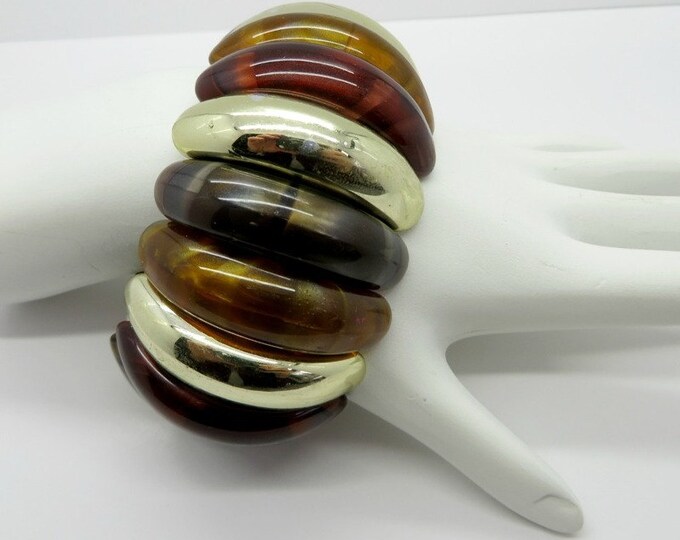 ON SALE! Amber Lucite Bracelet, Vintage Expansion Bracelet, Tortoise Shell, Amber, Silvertone Bracelet, Chunky Bracelet