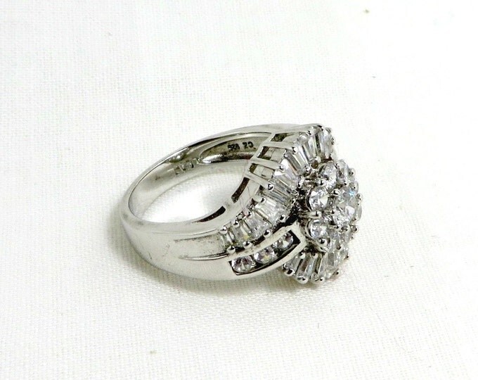 Vintage CZ Cocktail Ring - Sterling Silver Multistone Engagement Ring, Size 7, Gift for Her