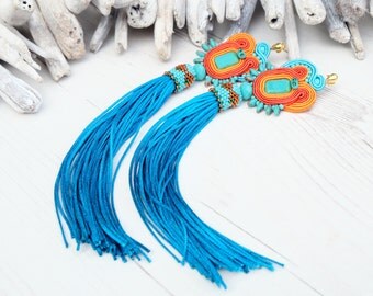 Long Turquoise Orange Soutache Earrings-Tassel Earrings-Statement Turquoise Earrings-Extra Long Boho Hippie Earrings-Beaded Dangle Earrings