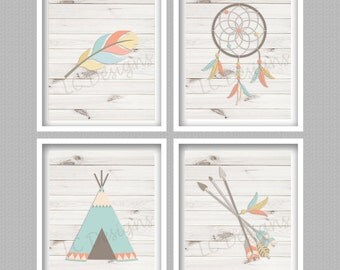 Bohemian Nursery Art Prints Digital - Set of 4 - 8x10 - INSTANT DOWNLOAD - Boho, Teepee, Dreamcatcher, Feather, Arrows, Nursery