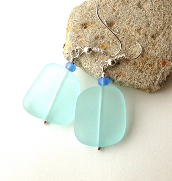Beach Glass Earrings, Pale Aqua, Beach Jewelry, Sea Foam Blue