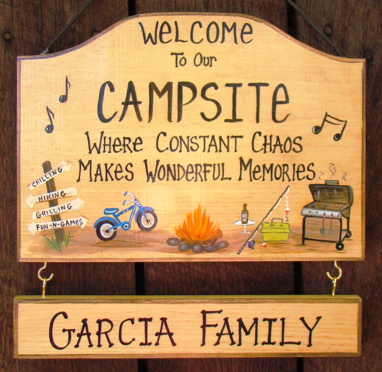 Custom Camping Campfire Sign With Fishing Grill Bike Designs