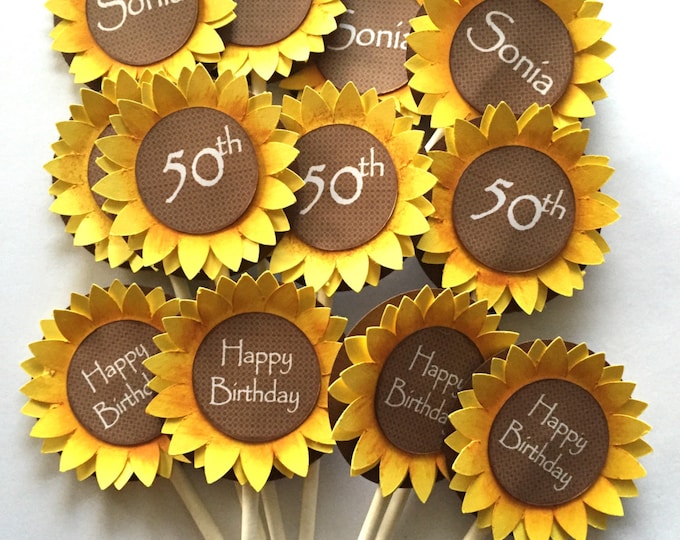 12 Sunflower Cup Cake Toppers. Birthday Decorations. Sunflower Party Supplies.