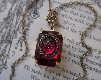 Art Deco ~ Ruby Pendant ~ Vintage Style ~ July Birthstone ~ Ruby Necklace ~ Vintage Glass ~ by LadyofTheLakeJewels