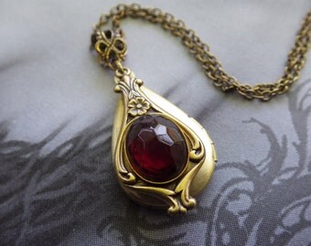 Art Nouveau ~ Garnet Locket Necklace ~ Vintage Locket ~ Small ~ Marsala Burgundy ~ January Birthstone ~ by LadyofTheLakeJewels