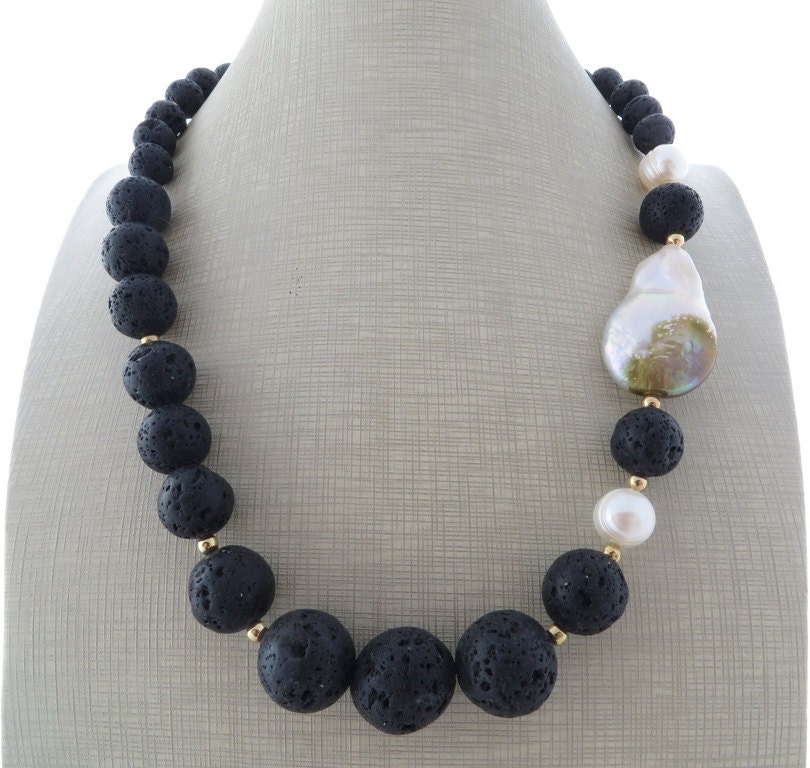 Black lava rock necklace beaded necklace chunky by Sofiasbijoux