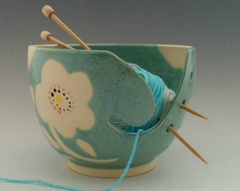 Wax Resist Method, Modern Flower Decorated, Turquoise Glazed Yarn Bowl