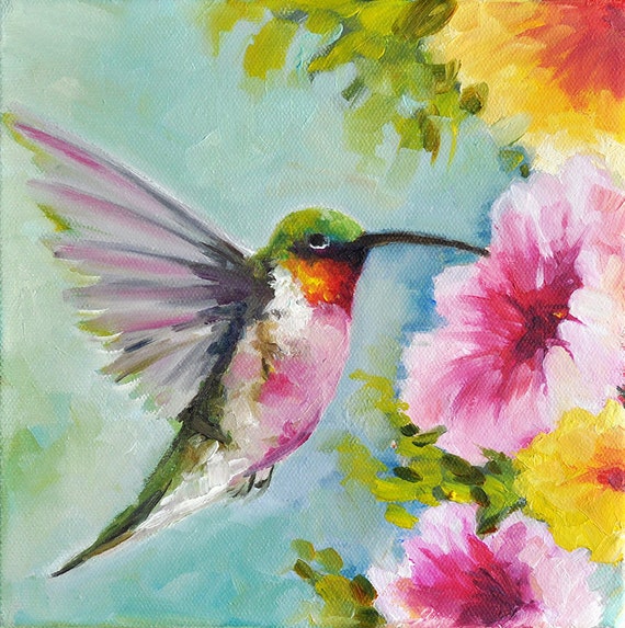 Original Impressionist Oil Bird Painting Colorful Hummingbird