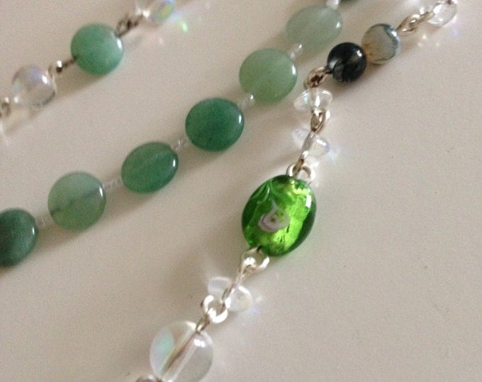 hand beaded white, green & silver necklace
