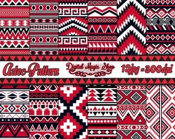 12 Seamless Aztec Digital Paper, Red, Black, Ikat, geometric pattern, native Indian, Navajo, arrows, Commercial use