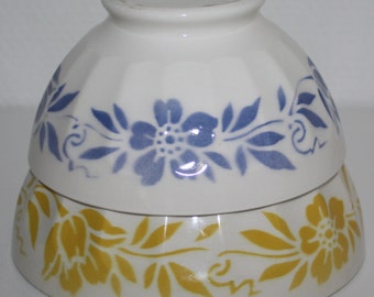 Vintage French Cafe au Lait Bowls Blue Yellow Flower Pattern Scalloped Form