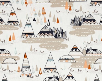 Mountains, Teepee, Navy, Tan, Orange, Indian Summer Woodland Oak, Arrows, Tribal, Cotton Fabric, By the Yard, Half Yard, Quarter Yard