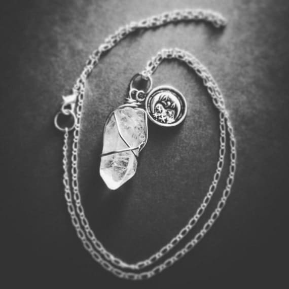 Wire wrapped Quartz with Silver Crescent Moon Necklace