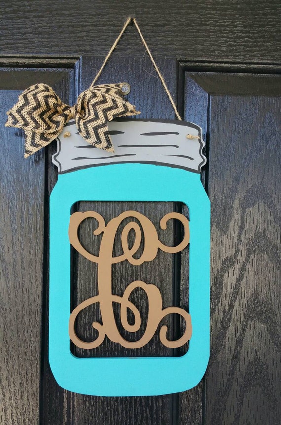 Hand Painted Mason Jar Door Hanger with Monogram Center