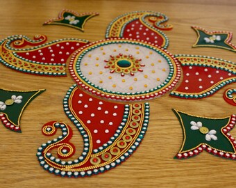 Flower - Festive Decor Handpainted Kundan Work Wooden Rangoli