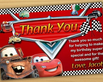 Disney Cars thank you card, Disney Cars birthday card, cars thank you card - Digital file