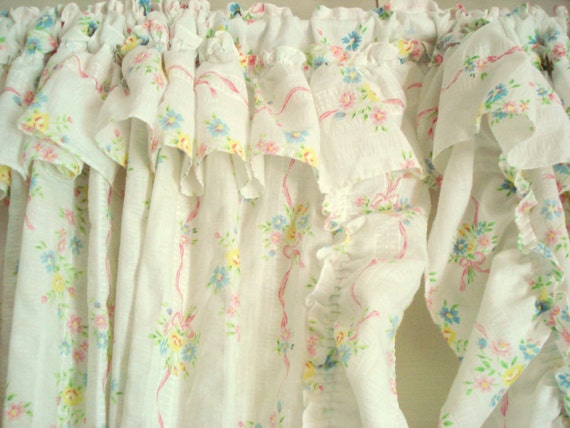 Vintage Curtains Priscilla Ruffled Floral on White 2 Pair