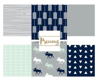 Navy, Mint and Gray - Baby Boy Bedding, Moose themed Nursery - Premium Custom Crib Bedding - 3 Pieces - Bumperless