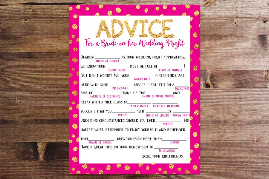 Wedding Night Mad Lib Bachelorette Party Printable Game Zoom