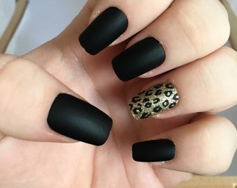 Black Fake Nail Set 1- Matte False Nails - Cheetah Acrylic Nails- Gold Artificial Nails - Press On Nails - Glue On Nails - Gifts For Her
