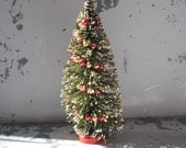 Vintage Bottle Brush Christmas Tree Holiday Decor Gold Frosted Tree featuring Beaded Mercury Glass Garland