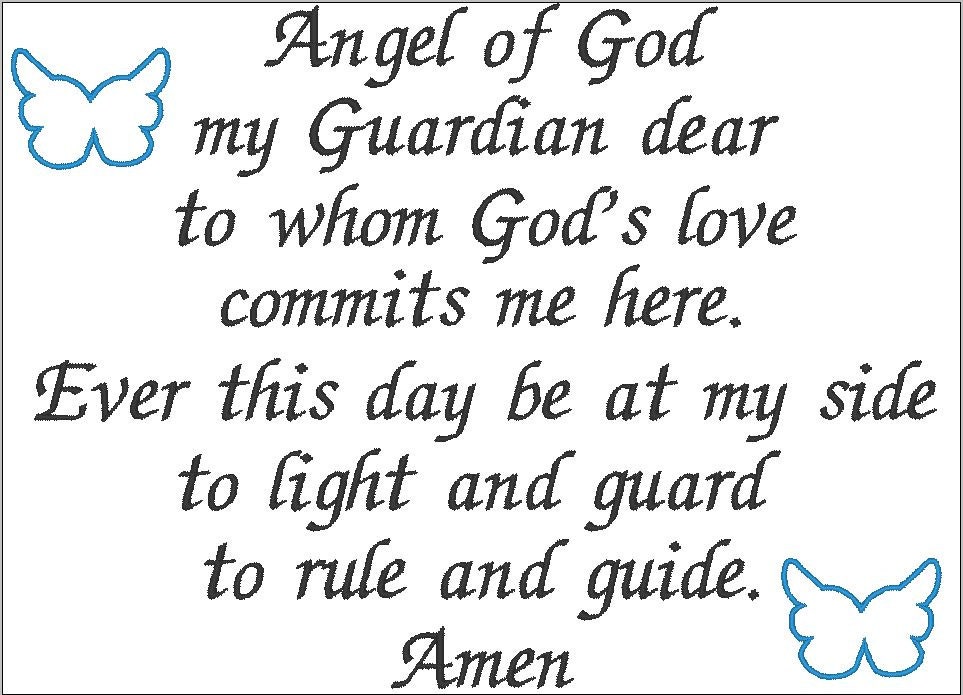Guardian Angel prayer embroidery design digital in english