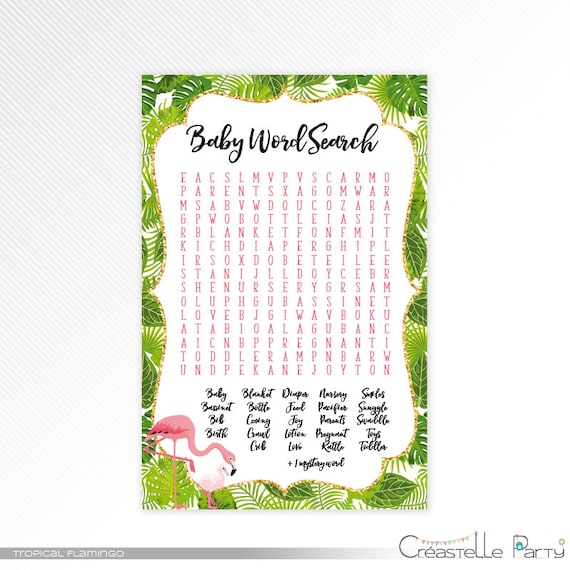 tropical flamingo word search baby shower printable game