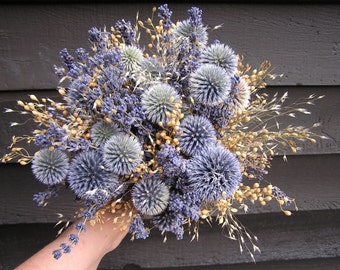 Rustic Dried Light Blue Wedding Bouquet, Bridal Dried Flowers, Bridesmaids Field Bouquets, Lavender and Blue Globe Thistle Bridal Bouquet